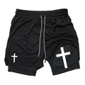 Detail of double-layer sports shorts featuring mesh fabric and white cross prints - S / KCGK03 Classic Cross Black (Black Lining)