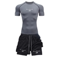 Men's grey ALPHA compression t-shirt and black double-layer dry fit sports shorts set - M / Top And Bottom / Gray Short Sleeve With Black Shorts