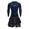Men's dark blue compression long sleeve top and black two-in-one sports shorts set - M / Top And Bottom / Navy Long Sleeve With Black Shorts