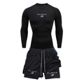 Men's black quick-dry sport set with Alpha logo, compression shirt and athletic shorts - M / Top And Bottom / Black Long Sleeve With Black Shorts