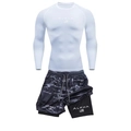 Men's athletic set with white compression long sleeve and camo double-layer sports shorts - M / Top And Bottom / White Long Sleeve With Dark Gray Camo Shorts