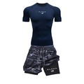 Men's navy compression top and camo running shorts two-piece quick-dry sport set - M / Top And Bottom / Dark Blue Short Sleeve With Camo Black Shorts