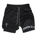 Men's 2-in-1 black running shorts with Psalm 23 print and cross graphic for gym training - Black