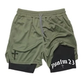 Men's 2-in-1 olive green mesh running shorts with Psalm 23 print and internal phone pocket - Olive Green