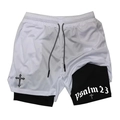 Men's 2-in-1 white mesh running shorts with black inner layer and gothic cross print - White