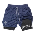 Men's 2-in-1 navy blue running shorts with Psalm 23 print and breathable mesh fabric - Dark Blue