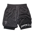 Men's 2-in-1 running shorts in dark grey with inner pocket and Psalm 23 anime print - Dark Gray