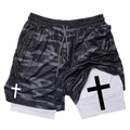 Detail of men's double-layer sports shorts with camo pattern and drawstring waistband - Camo Grey White
