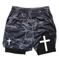 Detail of gray camouflage double-layer sports shorts with white cross print and drawstring - Camo Black