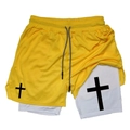 Detail of men's double-layer gym shorts featuring yellow mesh and white compression liner - Yellow