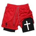Detail of red mesh outer fabric and black compression layer of double-layer sports shorts - Red