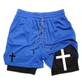 Detail of blue mesh outer and black compression layer of men's double-layer sports shorts - Blue