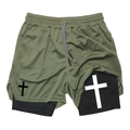 Detail of army green double-layer shorts with mesh fabric and cross print on leg - Army Green