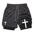 Close-up of men's double-layer sports shorts with breathable mesh and cross print - Black Bead With Black