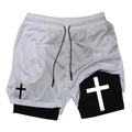 Detail view of men's double-layer sports shorts with mesh fabric and cross logo - White