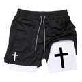 Detail of double-layer men's sports shorts with towel loop and cross print - Black