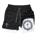 3D gothic cross printed double-layer sports shorts with breathable mesh and drawstring waist - S / White(KCGK03)