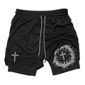Men's 2-in-1 black athletic shorts with mesh layer and gothic cross print design - S / Black(KCGK03)