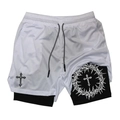 Men's 2-in-1 sports shorts with gothic cross prints and breathable white mesh fabric - S / New Black(KCGK10)