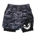 Detailed close-up of double-layer men's gym shorts featuring camo print and monster lining - S / Camo Grey
