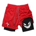 Detail of red 2-in-1 men's shorts with white star logo and printed inner compression liner - S / Red