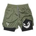 Detail of olive green mesh sports shorts with inner layer and white star print - S / Army Green