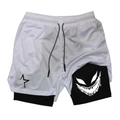 Close-up of dual-layer gym shorts with mesh fabric and towel loop feature - S / White