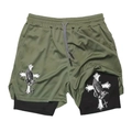 Detail of 2-in-1 sports shorts in army green mesh with black inner layer and prayer hand print - Army Green