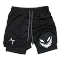 Close-up of men's double-layer mesh shorts with star logo and shark teeth print - S / Black Bead With Black