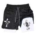 Double-layer men's running shorts with gothic prayer hands print and elastic drawstring - Black Outer White Inner