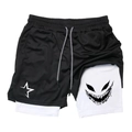 Detail of double-layer quick-dry sports shorts with star print and elastic drawstring waist - S / Black