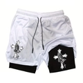 Men's double-layer quick-dry sports shorts with white mesh and religious print - White Outer Black Inner