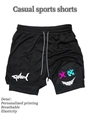 Detail von Hai-Print und Smiley-Gesicht auf schwarzer Doppelschicht-Herren-Trainingshose - M / Schwarz/Schwarz