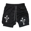 Men's double-layer quick-dry sports shorts with cross and prayer hand prints in black - Solid Black