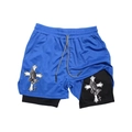 Detail view of royal blue 2-in-1 sports shorts featuring religious cross and praying hands print - Royal Blue