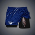 Detail view of 2-in-1 men's sports shorts with artistic graphic print on black inner layer - M / Dark Blue