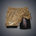 Detail of 2-in-1 men's sports shorts showing mesh fabric and cartoon ghost inner lining - M / Earthy Yellow