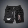 Men's 2-in-1 quick-dry sports shorts with breathable mesh and unique graphic print - M / Black