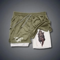 Olive green 2-in-1 men's running shorts with mesh layer and inner compression shorts - M / Olive Green