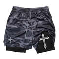 Men's 2-in-1 grey camo running shorts with gothic cross print and quick-dry lining - M / Grey Camouflage (1)