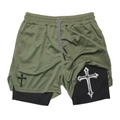 Olive green 2-in-1 men's quick-dry sports shorts with gothic cross prints and mesh layer - M / Olive Green (2)