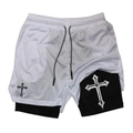 2-in-1 men's quick-dry running shorts with black compression layer and gothic cross print - M / White (3)