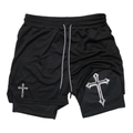 Detail view of black 2-in-1 men's running shorts featuring gothic cross prints and mesh fabric - M / Black (5)