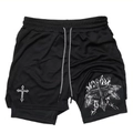 Men's black double-layer athletic shorts with flame wing and cross print graphics - S / KCGK03 Wing Cross Black