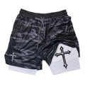 Detail of 2-in-1 men's running shorts showing camo print and Gothic cross on inner liner - M / Dark Grey Camouflage (8)