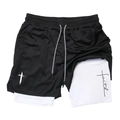 Pantaloncini sportivi 2 in 1 uomo con rete nera, fodera bianca e stampa faith - Taglia S / Nero/Bianco-Croce FAITH