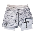 Detail of 2-in-1 camo sports shorts showing white compression liner and cross print - M / Light Grey Camouflage (9)