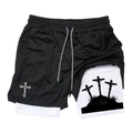 Detail view of 2-in-1 shorts with cross print on breathable mesh and inner liner - M / Black Hill Cross (10)