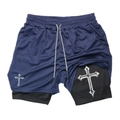 Detail of navy 2-in-1 shorts with mesh fabric, drawstring and gothic cross print - M / Dark Blue (11)