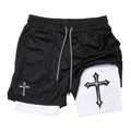 Detail view of 2-in-1 sports shorts showing gothic cross print and mesh fabric - M / Black & White (12)